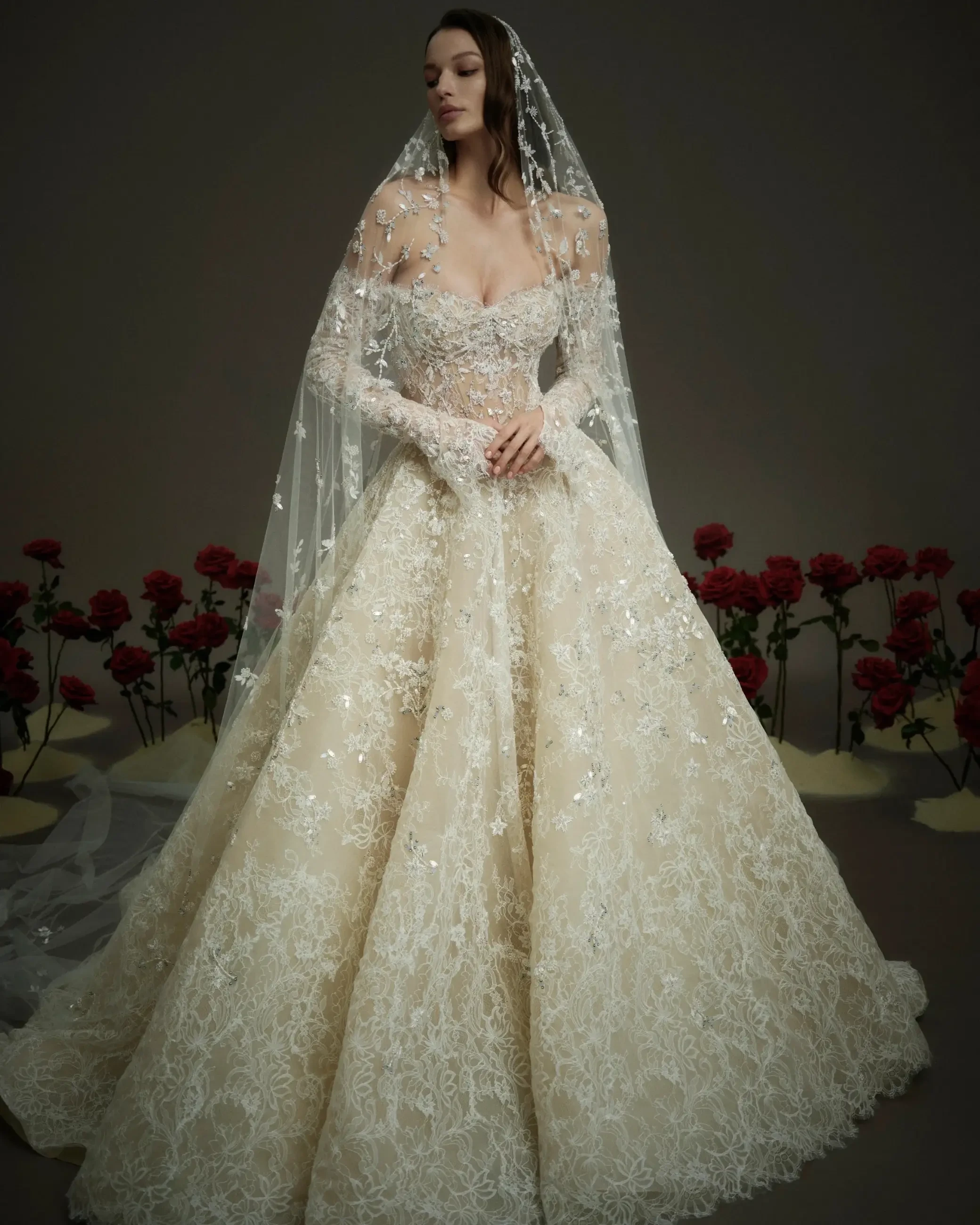 Model is wearing an off the shoulder long sleeve ball gown wedding dress with lace and beadwork